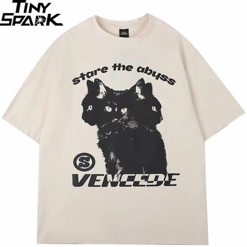 2025 New Streetwear Tshirt Hydra Cat Graphic T Shirt Men Cotton T-Shirt Hip Hop Loose Tops Tees Summer Short Sleeve Black White
