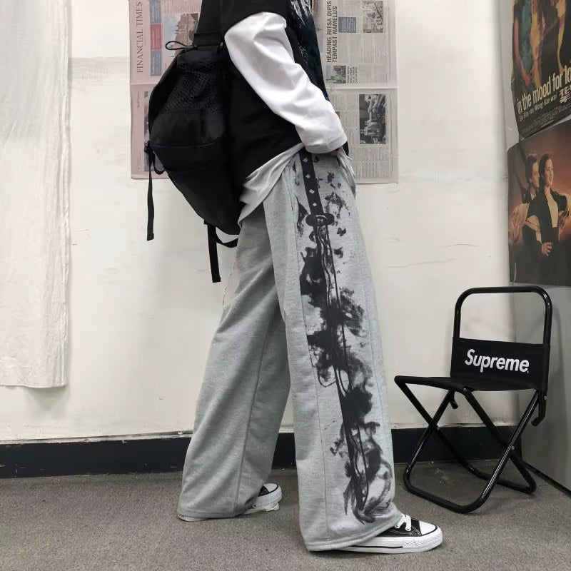 Japanese Y2K Oversize Graphic Wide Sweatpants Men Streetwear Print Casual Track Pants Male Sport Straight Trousers