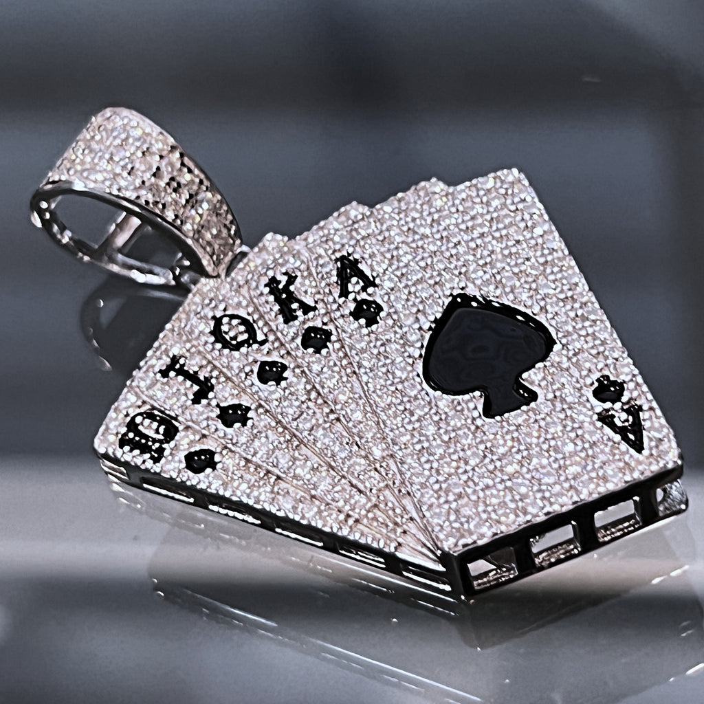 Men Moissanite 925 Silver Pendant Poker Playing Cards Iced Bling Out Royal Flush