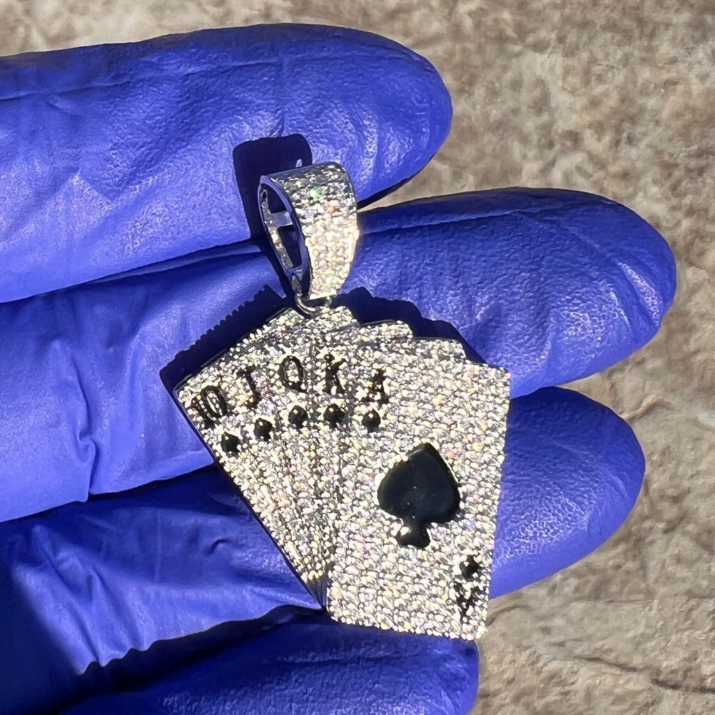 Men Moissanite 925 Silver Pendant Poker Playing Cards Iced Bling Out Royal Flush