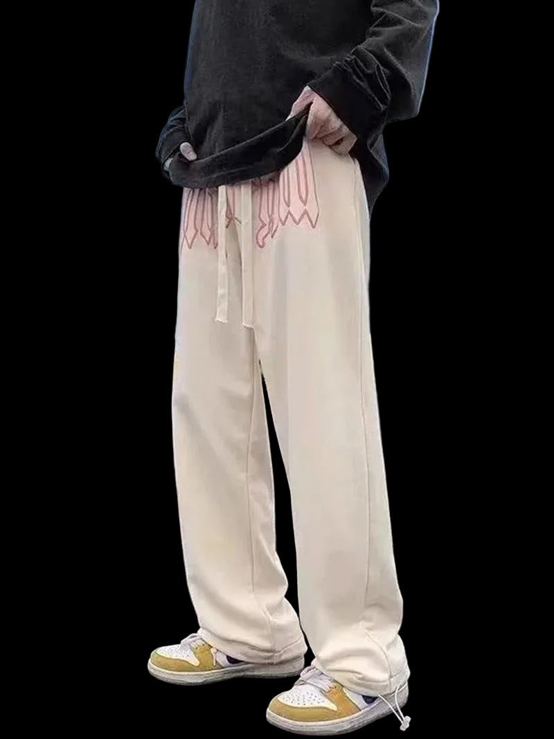 American Style Letter Print Straight Pants for Men High Street Loose Trousers Casual Joggers Hip Hop Drawstring Sweatpants