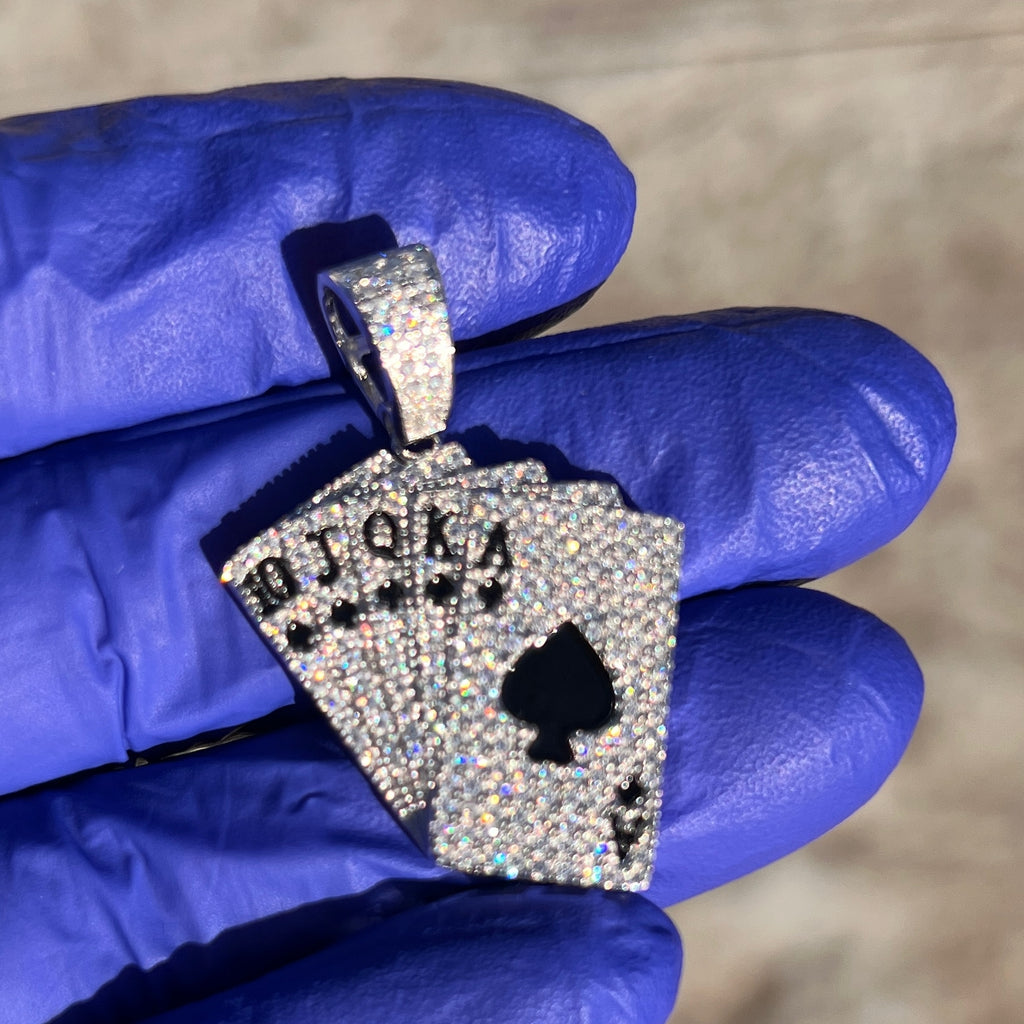 Men Moissanite 925 Silver Pendant Poker Playing Cards Iced Bling Out Royal Flush