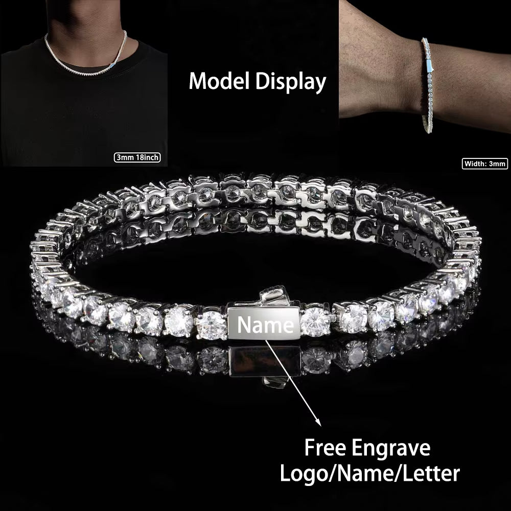 3Mm 4Mm 5Mm 1 Row Tennis Chain Bling Zircon Copper Material Necklace Hip Hop Man and Women Iced Out Jewelry Free Engrave Name